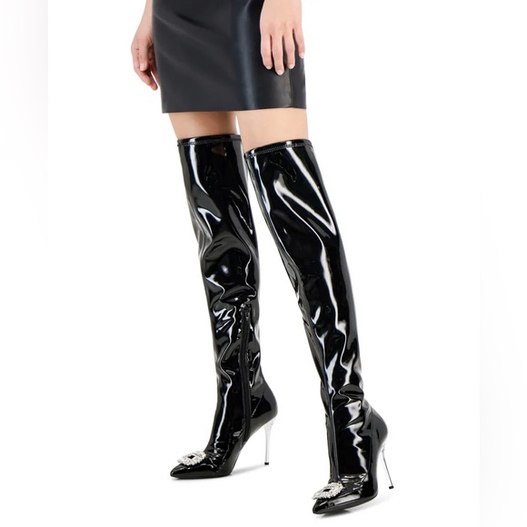 Thigh High Boots Rhinestone Stiletto‎ Heel Over The Knee Black - Picture 1 of 12